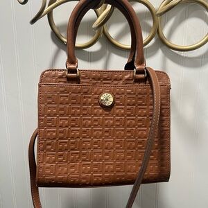 Tommy Hilfiger Cognac Embossed Logo Satchel & Crossbody with Gold-Tone Medallion
